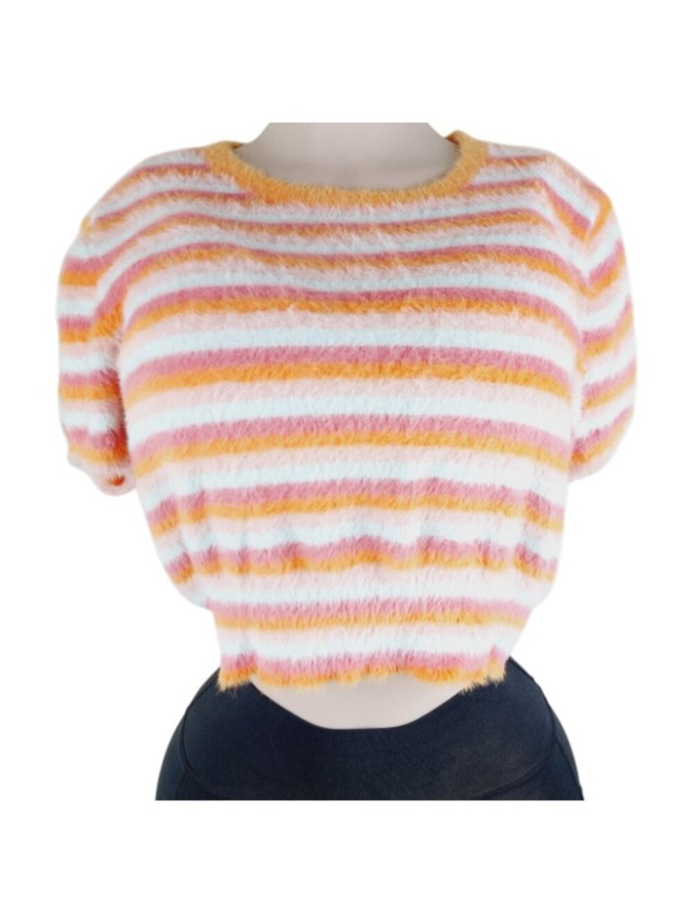 Levi's Women's Orange Pink Striped Fuzzy Short Sleeve Crew-Neck Sweater Size XL